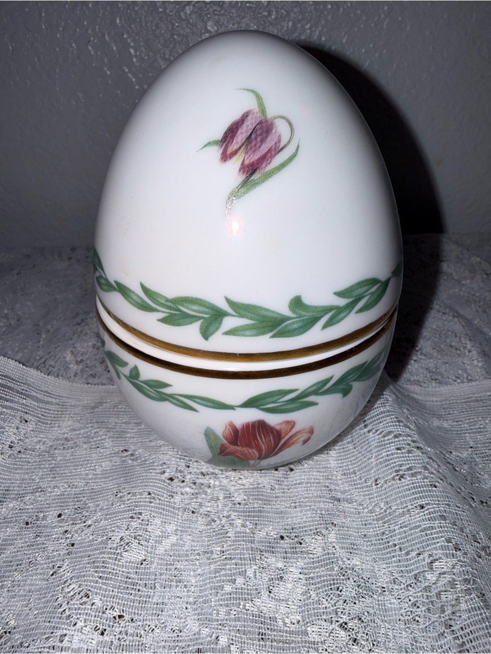 White Porcelain Floral Egg Trinket Box with Gold Trim
